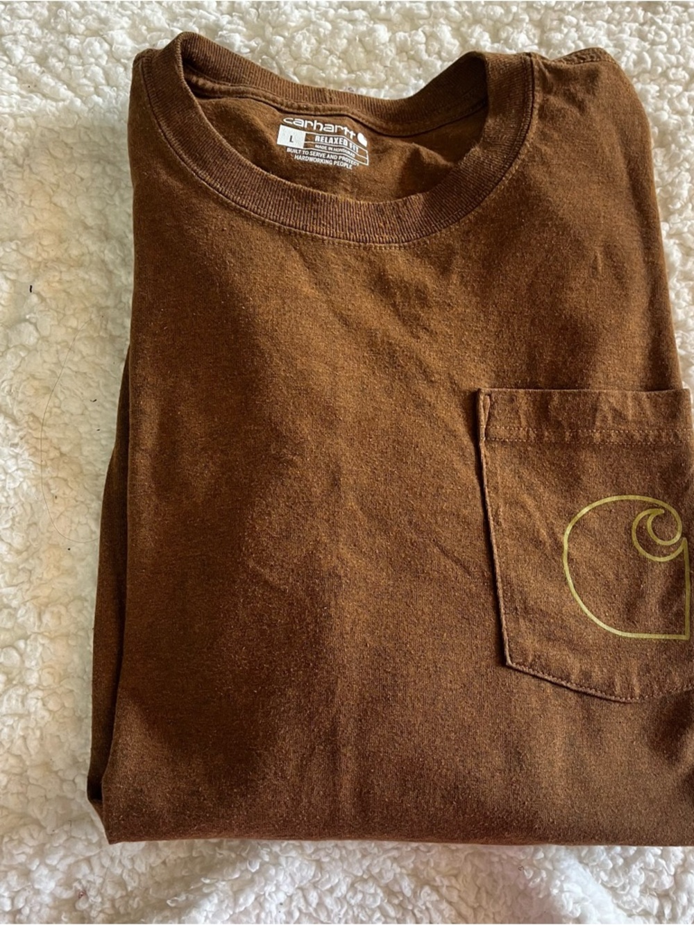 Carhartt Brown Long Sleeve Pocket Tee with Yellow Logo - Picture 2 of 4